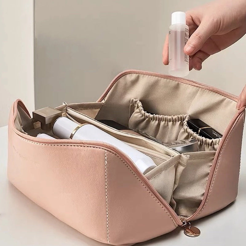 Bolsa cosmética de couro portátil para viagem de grande capacidade