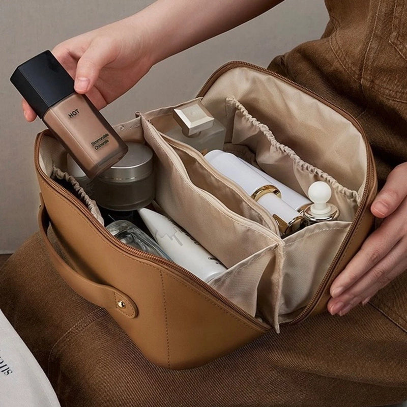 Bolsa cosmética de couro portátil para viagem de grande capacidade